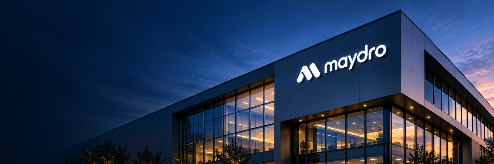 Modern glass building featuring the MAYDRO logo on its facade